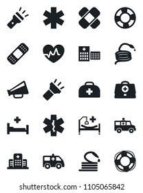 Set of vector isolated black icon - hose vector, heart pulse, doctor case, patch, ambulance star, car, hospital bed, loudspeaker, torch, crisis management
