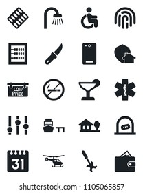 Set of vector isolated black icon - no smoking vector, ticket office, helicopter, garden knife, ripper, pills blister, ambulance star, disabled, sea port, settings, phone back, calendar, abacus