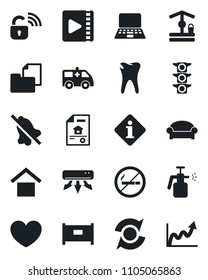 Set of vector isolated black icon - fence vector, no smoking, waiting area, notebook pc, well, garden sprayer, heart, ambulance car, caries, traffic light, folder document, warehouse storage, mute