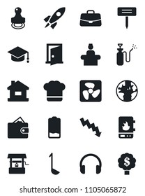 Set of vector isolated black icon - reception vector, case, graduate, crisis graph, well, plant label, garden sprayer, earth, headphones, low battery, stamp, house, cook hat, ladle, fan, door