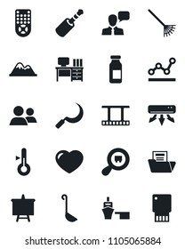 Set of vector isolated black icon - desk vector, presentation board, rake, sickle, ampoule, sea port, search cargo, film frame, remote control, speaker, group, heart, jack connector, document folder