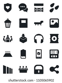 Set of vector isolated black icon - garden light vector, seeds, caterpillar, heart shield, package, sorting, oil barrel, dialog, headphones, low battery, gallery, stopwatch, lock, copybook, meeting
