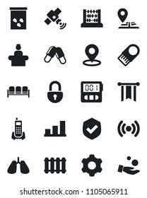 Set of vector isolated black icon - waiting area vector, reception, abacus, seeds, pills, lungs, navigation, office phone, shield, satellite, settings, stopwatch, place tag, lock, bar graph, pennon