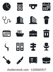 Set of vector isolated black icon - safe vector, office building, calculator, binder, job, sickle, garden knife, stethoscope, signpost, calendar, case, pie graph, document folder, chair, web camera