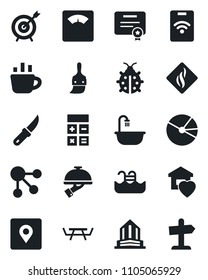 Set of vector isolated black icon - calculator vector, coffee, lady bug, garden knife, picnic table, scales, themes, place tag, pie graph, pool, bathroom, sweet home, waiter, smoke detector, target