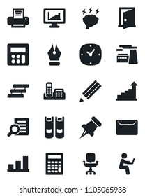 Set of vector isolated black icon - growth statistic vector, book, document search, brainstorm, factory, paper pin, calculator, clock, monitor statistics, bar graph, ink pen, office phone, chair