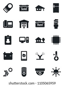 Set of vector isolated black icon - house with garage vector, tree, rent, sold signboard, chip, remote control, irrigation, intercome, pc, home app, thermometer, energy saving bulb, gate, fridge