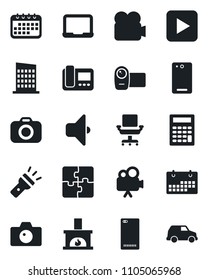 Set of vector isolated black icon - camera vector, notebook pc, video, play button, phone back, torch, application, calendar, office chair, fireplace, city house, intercome, sound, calculator, car