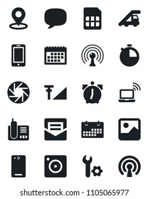 Set of vector isolated black icon - wireless notebook vector, ladder car, mobile phone, antenna, radio, back, message, camera, gallery, alarm, stopwatch, mail, sim, place tag, cellular signal