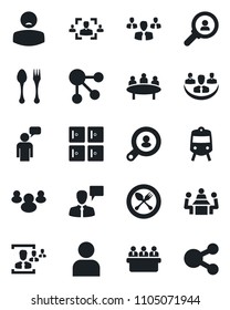 Set of vector isolated black icon - spoon and fork vector, train, checkroom, speaking man, meeting, patient, group, user, company, hr, client search, consumer, social media