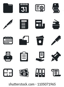 Set of vector isolated black icon - pen vector, document, coffee, printer, cash, folder, paper pin, calendar, clipboard, news, binder, copier, book, plan, certificate, contract