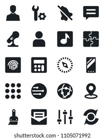 Set of vector isolated black icon - microphone vector, mobile, menu, message, tuning, themes, user, calculator, mail, network, mute, place tag, compass, fingerprint id, music, application, update
