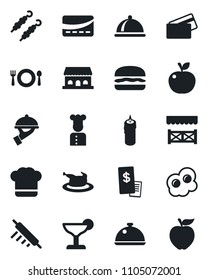 Set of vector isolated black icon - cook vector, dish, cafe, hat, cocktail, waiter, building, candle, alcove, credit card, restaurant receipt, chicken, kebab, hamburger, rolling pin, omelette