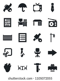 Set of vector isolated black icon - cafe vector, tv, right arrow, abacus, desk, tie, garden light, real heart, satellite, cargo container, umbrella, radio, cut, office chair, restaurant table