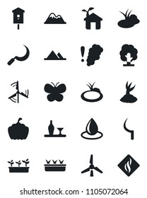 Set of vector isolated black icon - tree vector, sproute, butterfly, seedling, water drop, sickle, pumpkin, pond, bird house, windmill, mountains, alcohol, eco, smoke detector