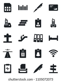 Set of vector isolated black icon - runway vector, escalator, identity card, pen, pulse clipboard, signpost, office phone, barcode, radio, mail, sim, wireless, paper binder, tray, bedroom, pass