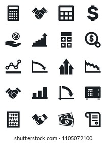 Set of vector isolated black icon - safe vector, handshake, growth statistic, dollar sign, calculator, abacus, crisis graph, cash, bar, point, arrow up, money search, investment, contract