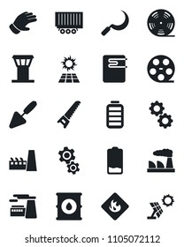 Set of vector isolated black icon - airport tower vector, factory, trowel, glove, saw, sickle, truck trailer, flammable, oil barrel, reel, battery, low, water heater, gear, sun panel