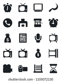 Set of vector isolated black icon - alarm clock vector, phone, abacus, money bag, well, sickle, film frame, tv, video camera, microphone, fireplace, sand