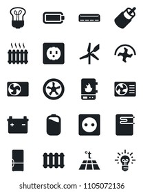 Set of vector isolated black icon - ripper vector, rca, battery, heater, air conditioner, fridge, socket, fan, water, radiator, warm floor, bulb, windmill, idea