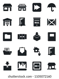 Set of vector isolated black icon - automatic door vector, shop, store, container, umbrella, package, mail, fast forward, scanner, folder, copybook, document, mailbox, home control, garage gate