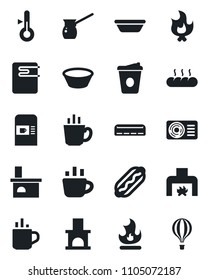 Set of vector isolated black icon - hot cup vector, coffee machine, fire, fireplace, air conditioner, bread, dog, bowl, turkish, water heater, thermometer, balloon