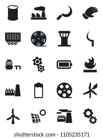 Set of vector isolated black icon - airport tower vector, factory, glove, sickle, truck trailer, sea port, flammable, oil barrel, reel, battery, sun panel, gear, windmill