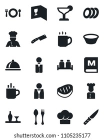 Set of vector isolated black icon - hot cup vector, spoon and fork, coffee, waiter, cook, dish, alcohol, cafe, hat, wine card, menu, cocktail, plates, salt pepper, steak, bowl, knife