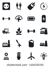 Set of vector isolated black icon - fork loader vector, factory, ripper, fire, barbell, rca, battery, charge, sun panel, windmill, socket, energy saving bulb, idea