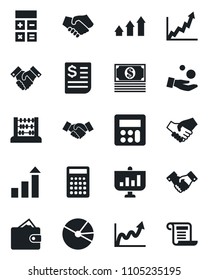 Set of vector isolated black icon - handshake vector, growth statistic, calculator, abacus, receipt, pie graph, arrow up, wallet, investment, cash, presentation, contract