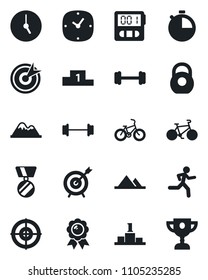 Set of vector isolated black icon - medal vector, barbell, bike, run, heavy, clock, stopwatch, target, mountains, pedestal, award cup