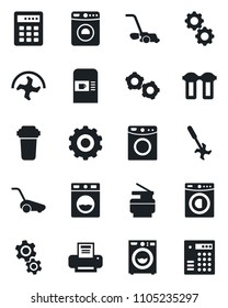 Set of vector isolated black icon - coffee machine vector, washer, gear, ripper, lawn mower, printer, copier, water filter, combination lock