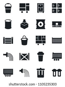 Set of vector isolated black icon - trash bin vector, checkroom, bucket, watering, truck trailer, cargo container, consolidated, package, oil barrel, railroad, archive box, water filter