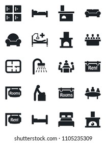 Set of vector isolated black icon - baby room vector, bed, shower, checkroom, meeting, fireplace, hospital, plan, rent, rooms, bedroom, cushioned furniture