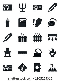 Set of vector isolated black icon - fire vector, hose, fireplace, thermometer, heater, air conditioner, candle, water, smoke detector, warm floor