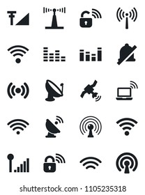 Set of vector isolated black icon - antenna vector, wireless notebook, satellite, equalizer, mute, cellular signal, lock
