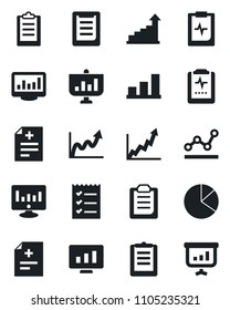 Set of vector isolated black icon - growth statistic vector, monitor, diagnosis, pulse clipboard, statistics, bar graph, pie, checklist, point, presentation