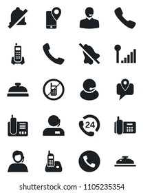 Set of vector isolated black icon - phone vector, no mobile, office, 24 hours, support, tracking, radio, call, mute, cellular signal, reception