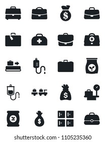 Set of vector isolated black icon - suitcase vector, baggage conveyor, larry, luggage scales, checkroom, case, money bag, fertilizer, doctor, dropper