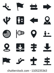 Set of vector isolated black icon - elevator vector, escalator, signpost, right arrow, left, wind, radar, route, pin, download, place tag, flag, guidepost