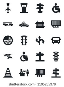 Set of vector isolated black icon - airport tower vector, plane radar, bus, passport control, signpost, alarm car, border cone, helicopter, disabled, route, traffic light, truck trailer, guidepost