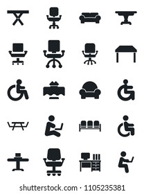 Set of vector isolated black icon - waiting area vector, disabled, office chair, desk, picnic table, cushioned furniture, restaurant, man with notebook