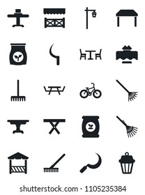 Set of vector isolated black icon - cafe vector, rake, sickle, garden light, picnic table, fertilizer, bike, restaurant, alcove, outdoor lamp