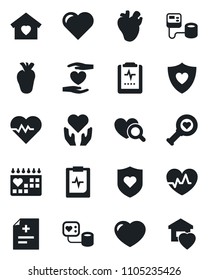 Set of vector isolated black icon - heart vector, pulse, diagnosis, blood pressure, diagnostic, shield, hand, real, medical calendar, clipboard, sweet home