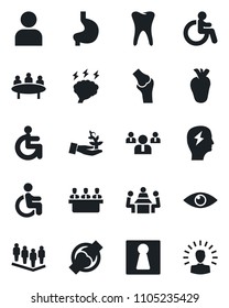 Set of vector isolated black icon - female vector, disabled, team, brainstorm, meeting, stomach, real heart, tooth, eye, joint, user, palm sproute, shining head