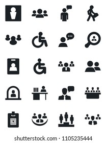 Set of vector isolated black icon - male vector, disabled, reception, speaking man, pedestal, team, speaker, group, company, identity card, manager desk, meeting, client search