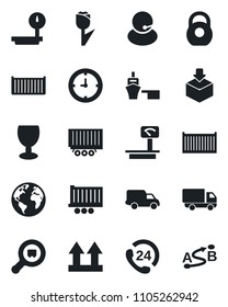 Set of vector isolated black icon - earth vector, 24 hours, support, truck trailer, cargo container, car delivery, clock, sea port, fragile, up side sign, tulip, package, heavy, scales, search