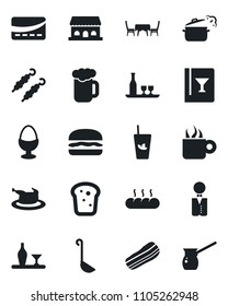 Set of vector isolated black icon - waiter vector, alcohol, wine card, phyto bar, coffee, beer, bacon, egg stand, bread, cafe building, table, credit, chicken, kebab, hamburger, ladle, steaming pan