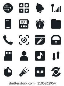 Set of vector isolated black icon - phone back vector, call, user, alarm, stopwatch, bell, record, sd, network, folder, notes, data exchange, torch, lock, eye id, music, cellular signal, application