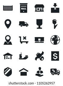 Set of vector isolated black icon - earth vector, pin, store, satellite, client, sea shipping, cargo container, car delivery, receipt, fragile, warehouse storage, no trolley, tulip, package, shield